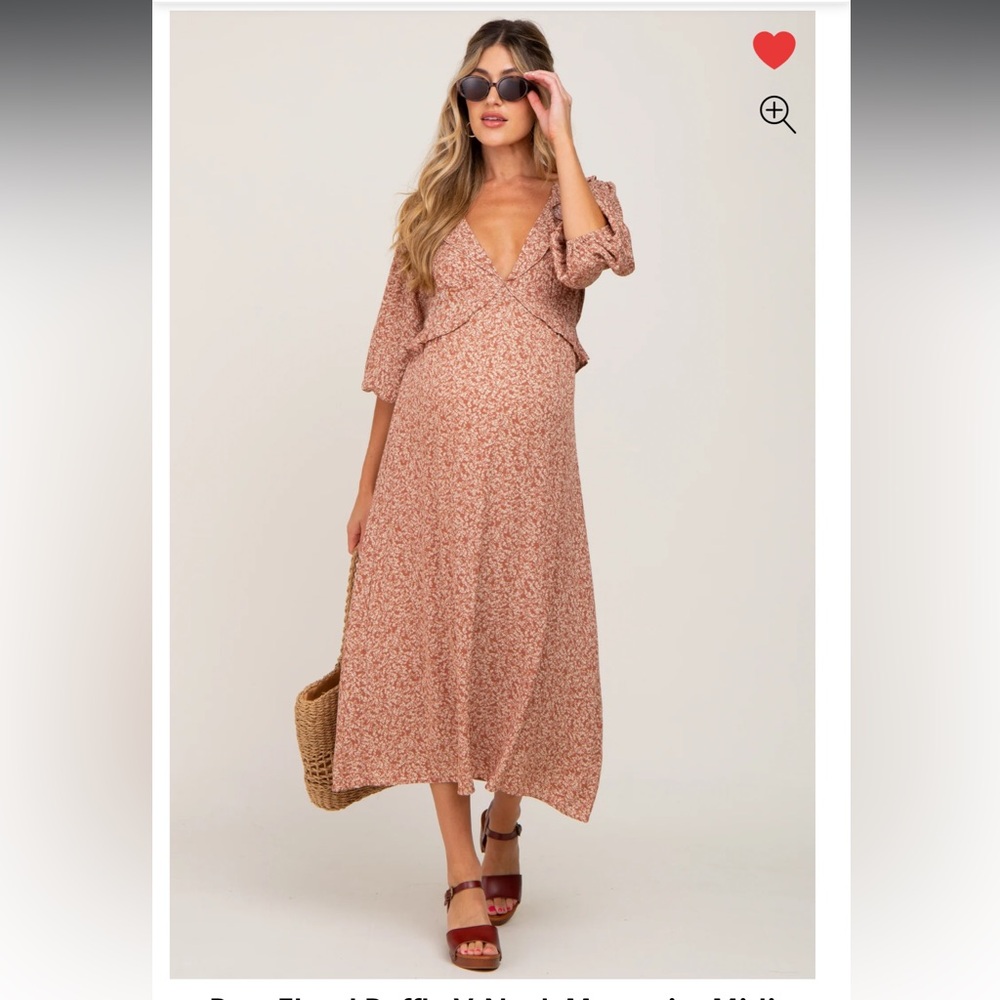 Rust Floral Ruffle V-Neck Maternity Midi Dress Medium